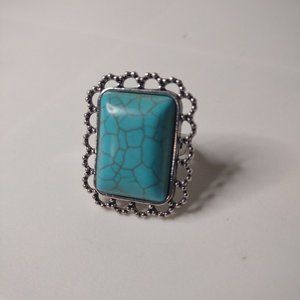 Large Rectangular Blue And Silver Tone Ring Size 7.75